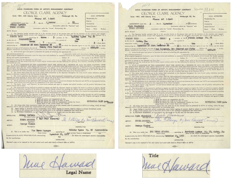 Two November 1958 Contracts Signed by Moe Howard, Who Signs Each ''The 3 Stooges by Moe Howard (owner)'' -- AGVA Contracts for Three Stooges Performances -- Each Measures 8.5'' x 11'', Very Good